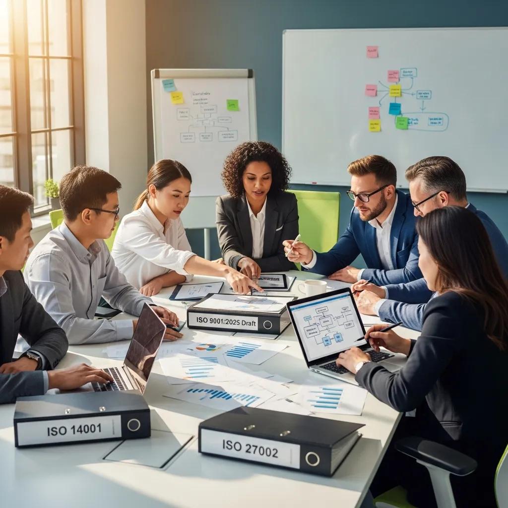 Diverse professionals collaborating in a conference room on ISO standards development