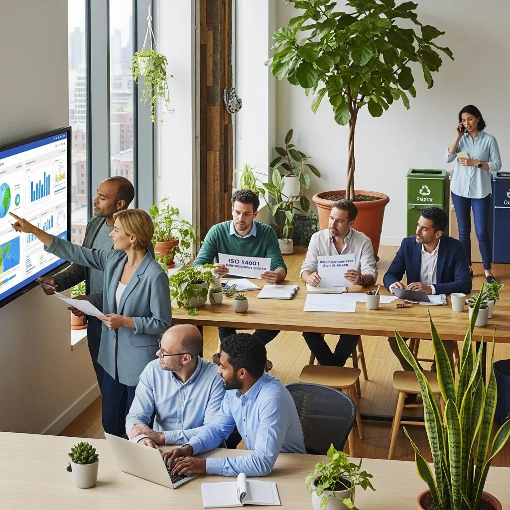 Diverse professionals collaborating on environmental management in a modern office