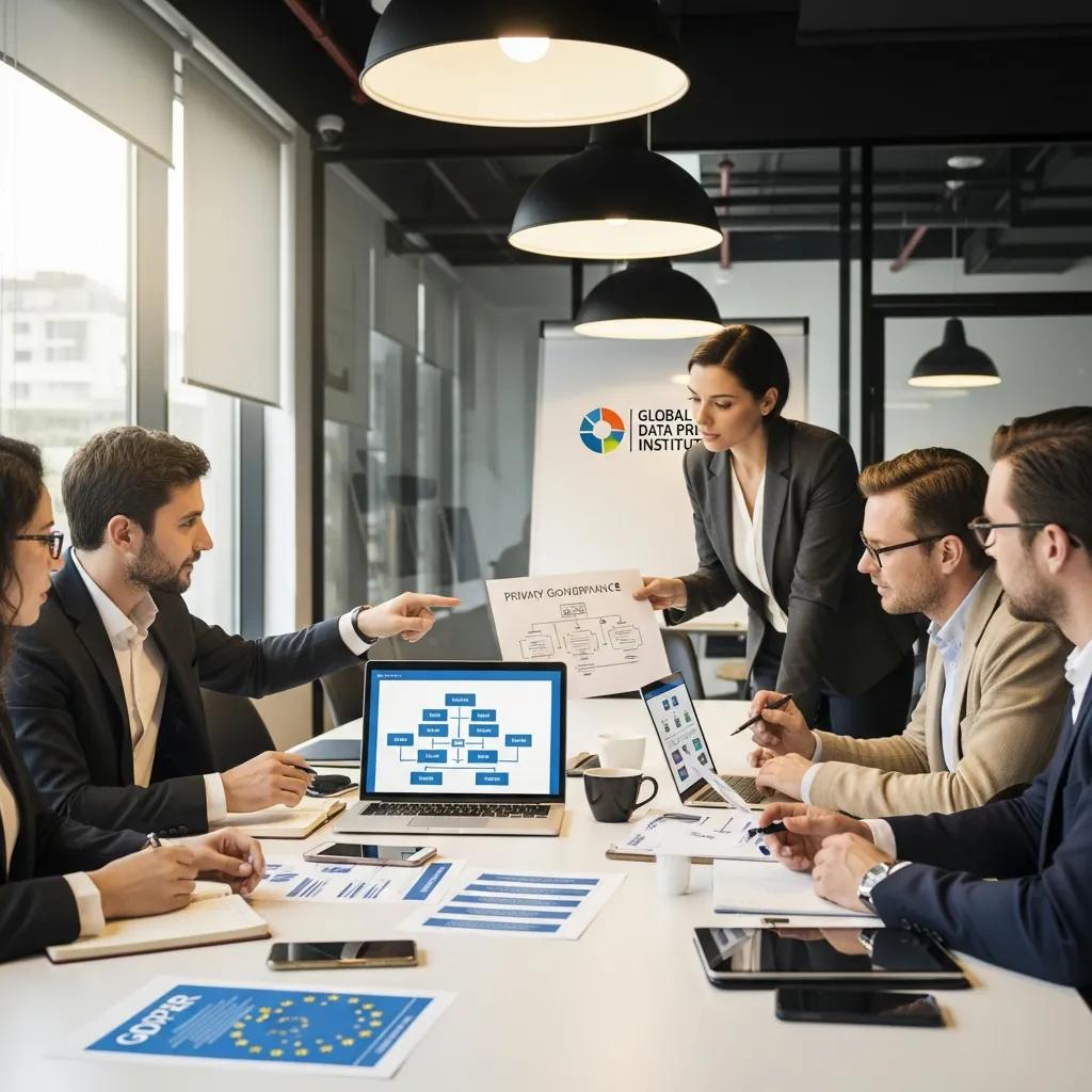 Diverse professionals collaborating on GDPR compliance in a modern office