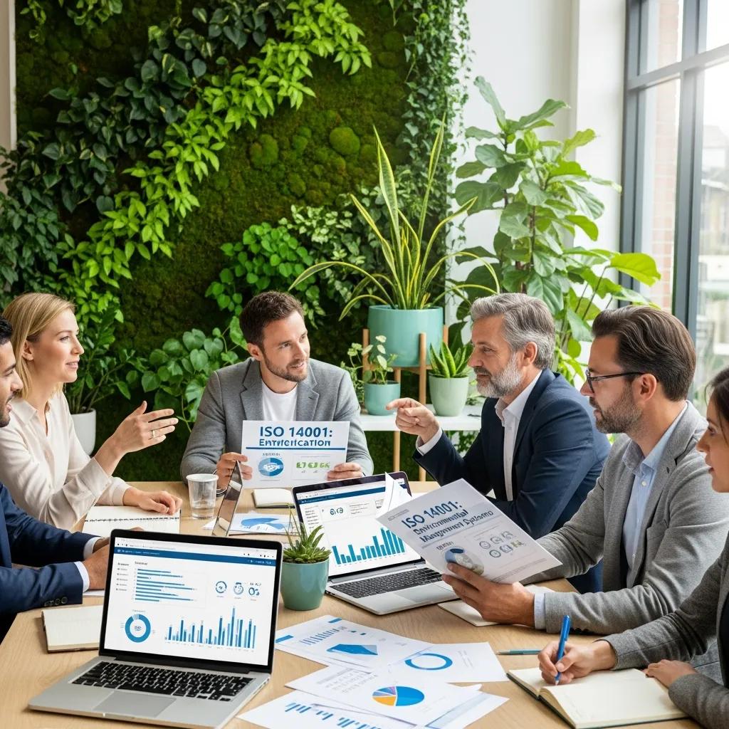 Diverse professionals collaborating on ISO certification and ESG goals in a sustainable office environment