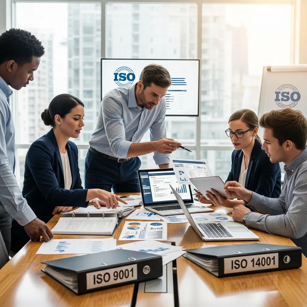 Diverse professionals collaborating on ISO certification in a modern office