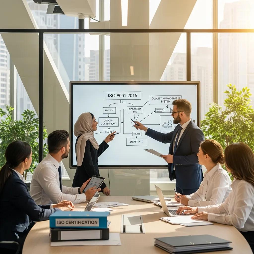 Diverse professionals collaborating on ISO certification in a modern office