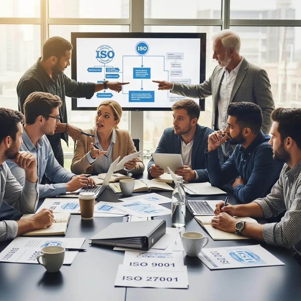 Diverse professionals collaborating on ISO standards development in a modern office setting