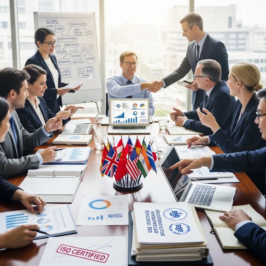 Diverse professionals collaborating on standardization and ISO certification