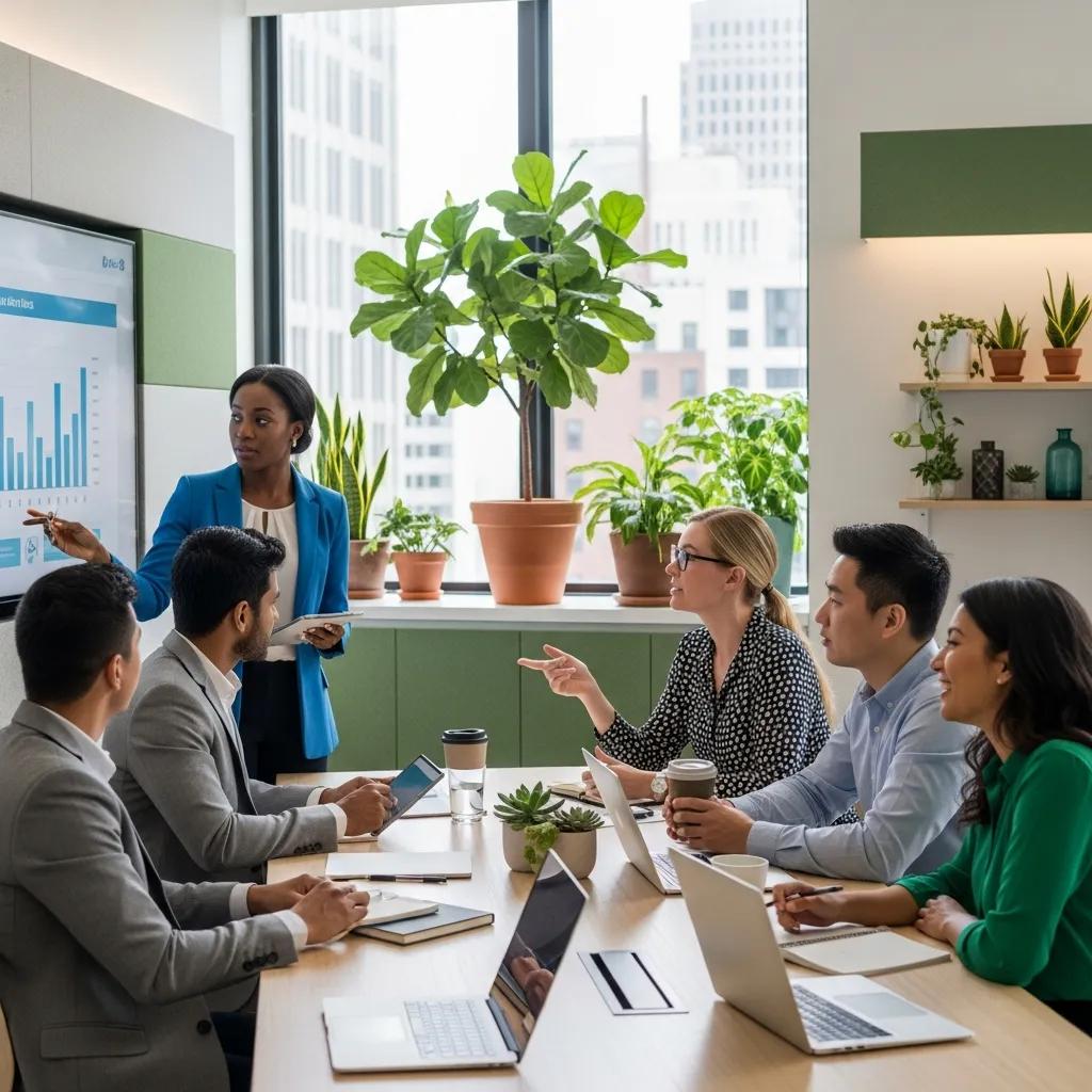 Diverse professionals discussing environmental management systems in a modern office