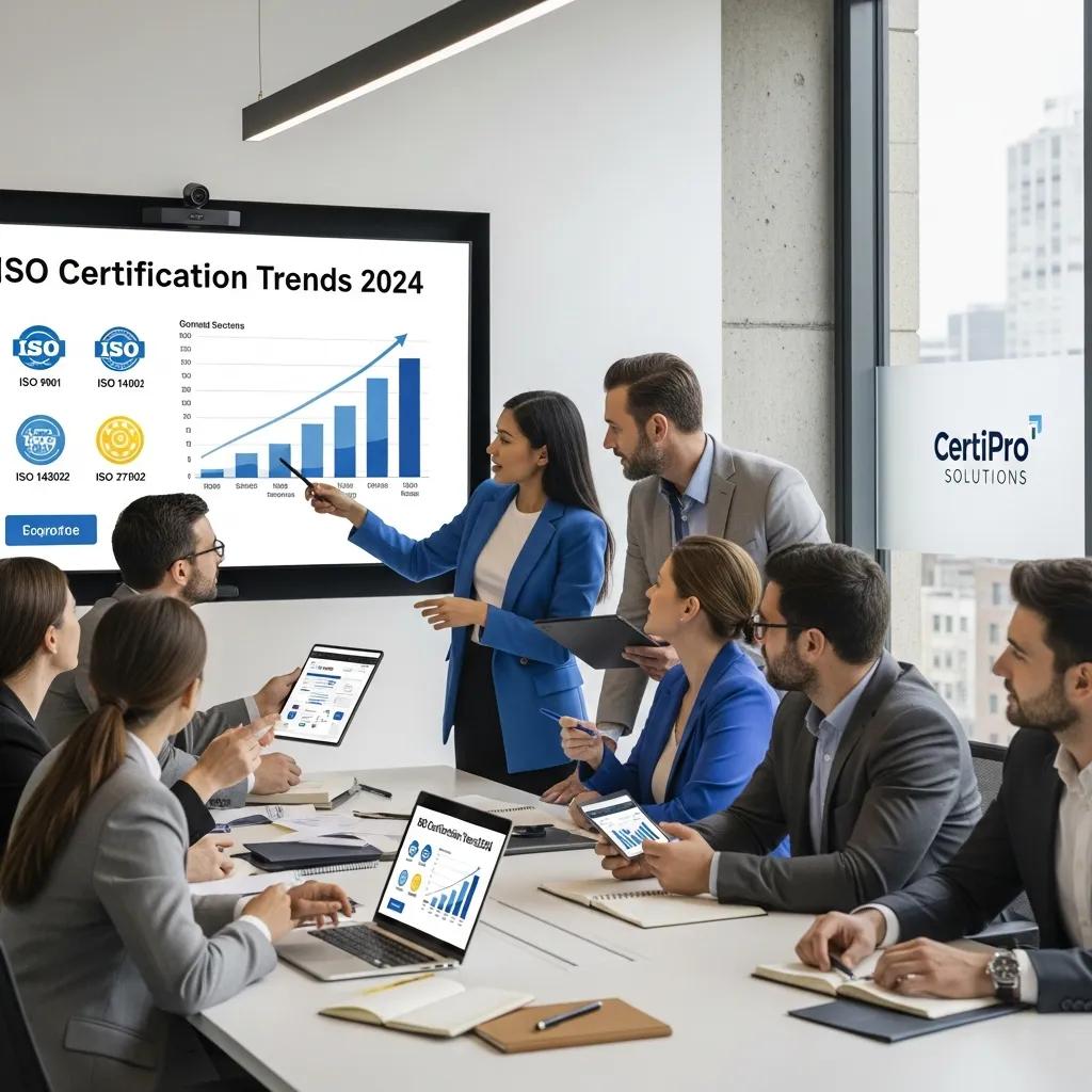 Diverse professionals discussing ISO certification trends in a modern office