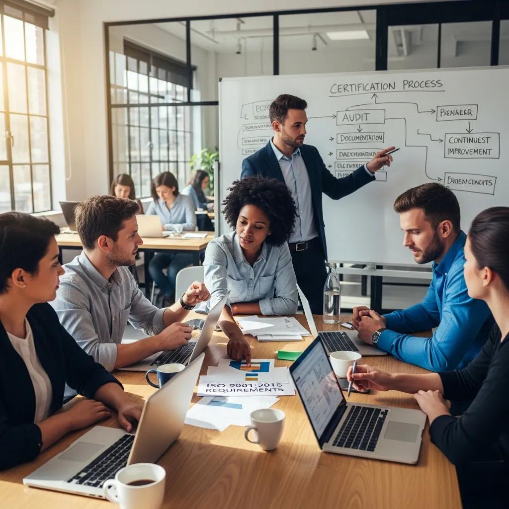 Diverse startup founders collaborating on ISO certification in a modern office