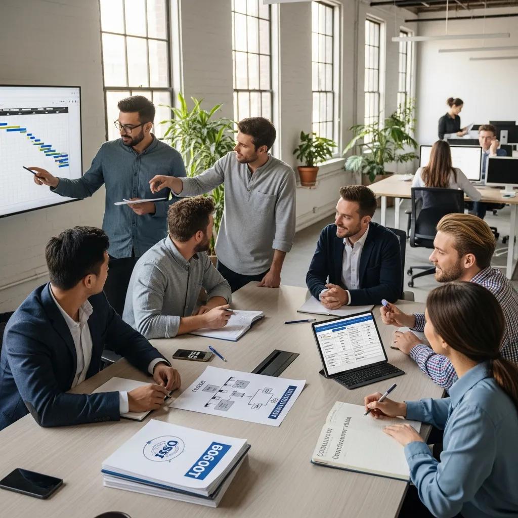 Diverse team collaborating on ISO 9001 certification in a modern office