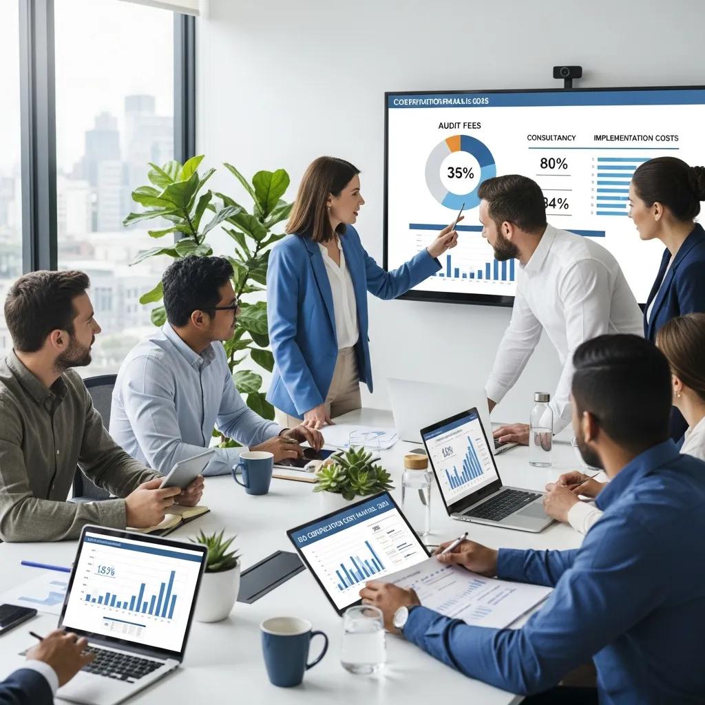 Diverse team discussing ISO certification in a modern office, emphasizing cost transparency