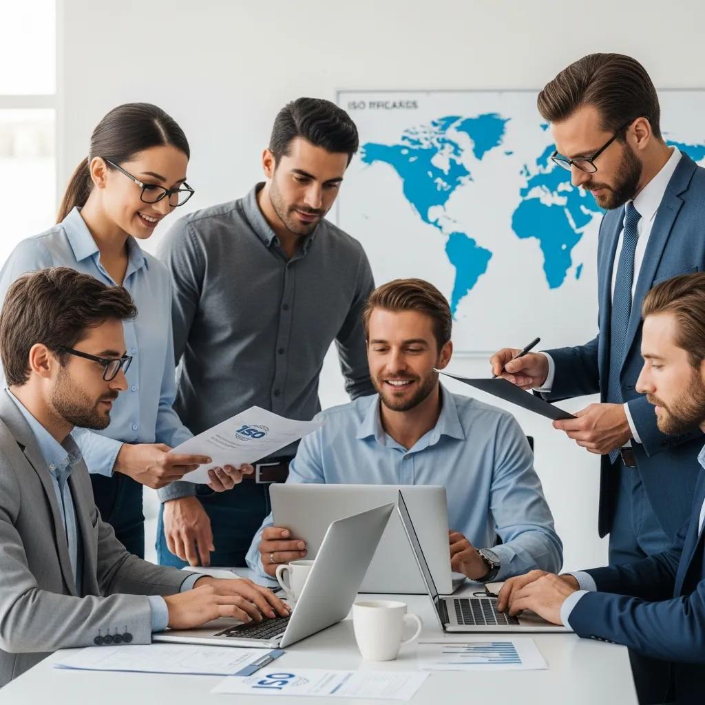 Diverse team of auditors collaborating on ISO certification documents in a modern office