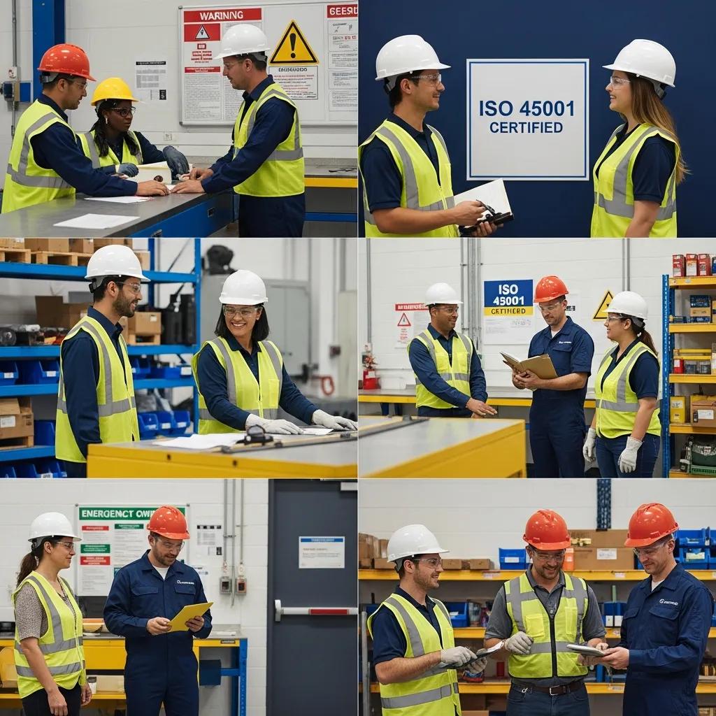 Diverse workers in a safe workplace environment emphasizing ISO 45001 certification