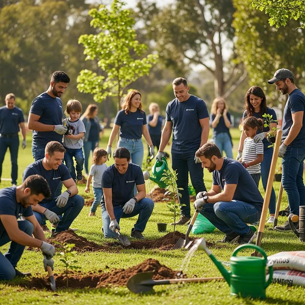 Employees planting trees together to show community and social responsibility