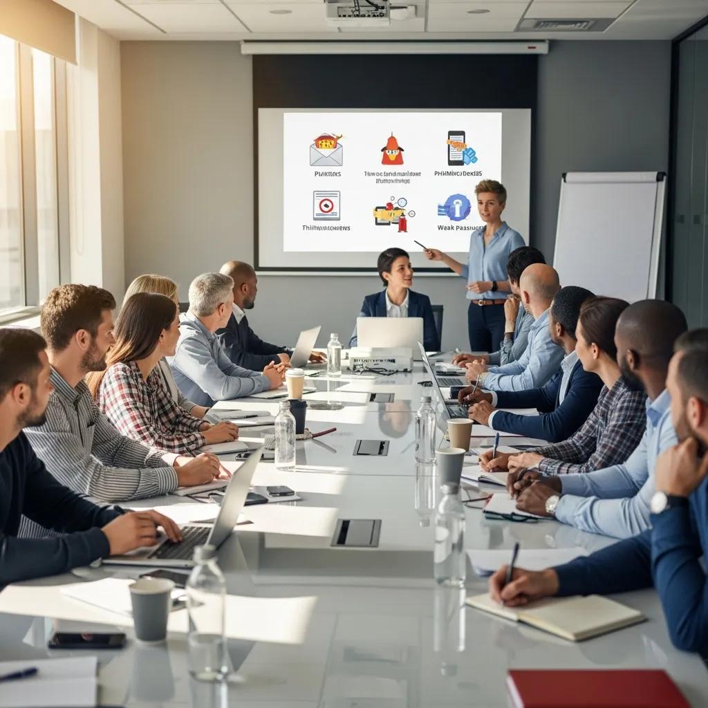 Employees participating in a security awareness training session in a modern office setting