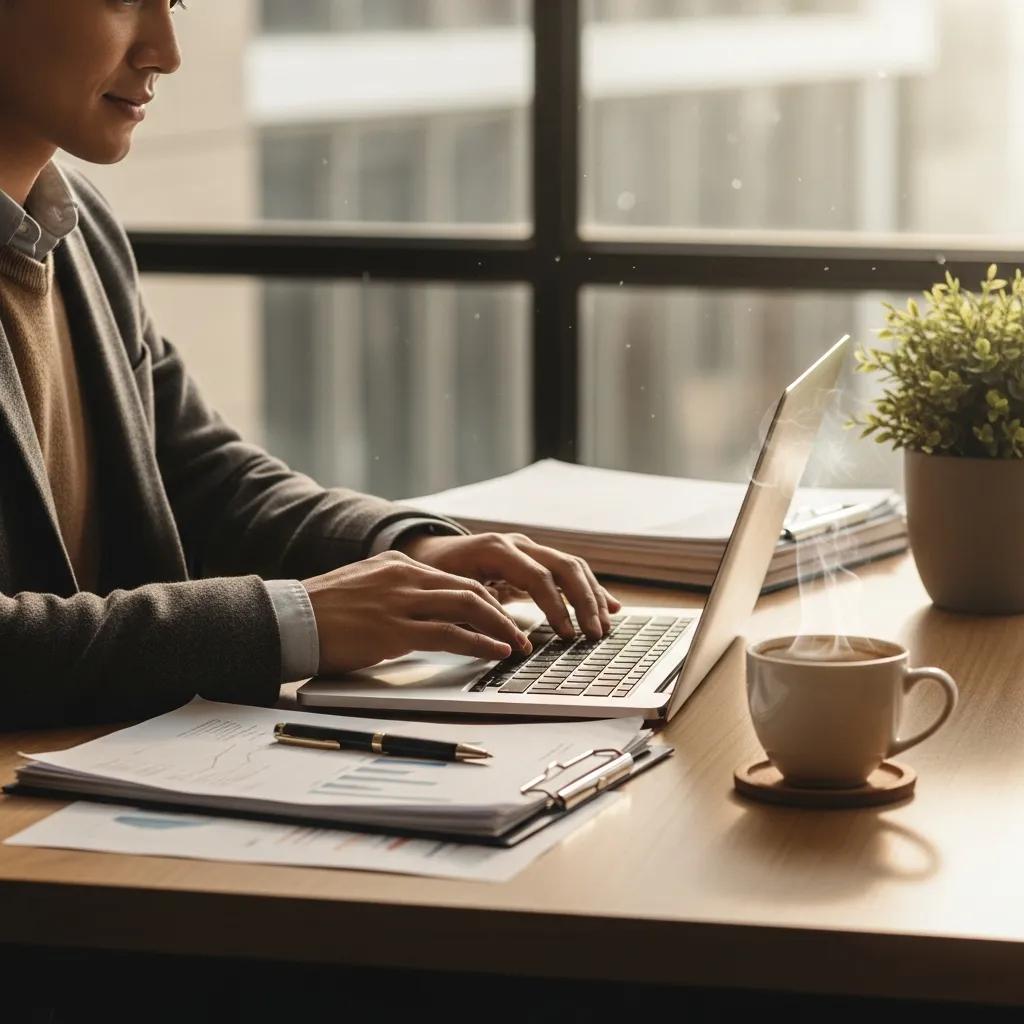Financial professional in a cozy office setting with documents and a laptop