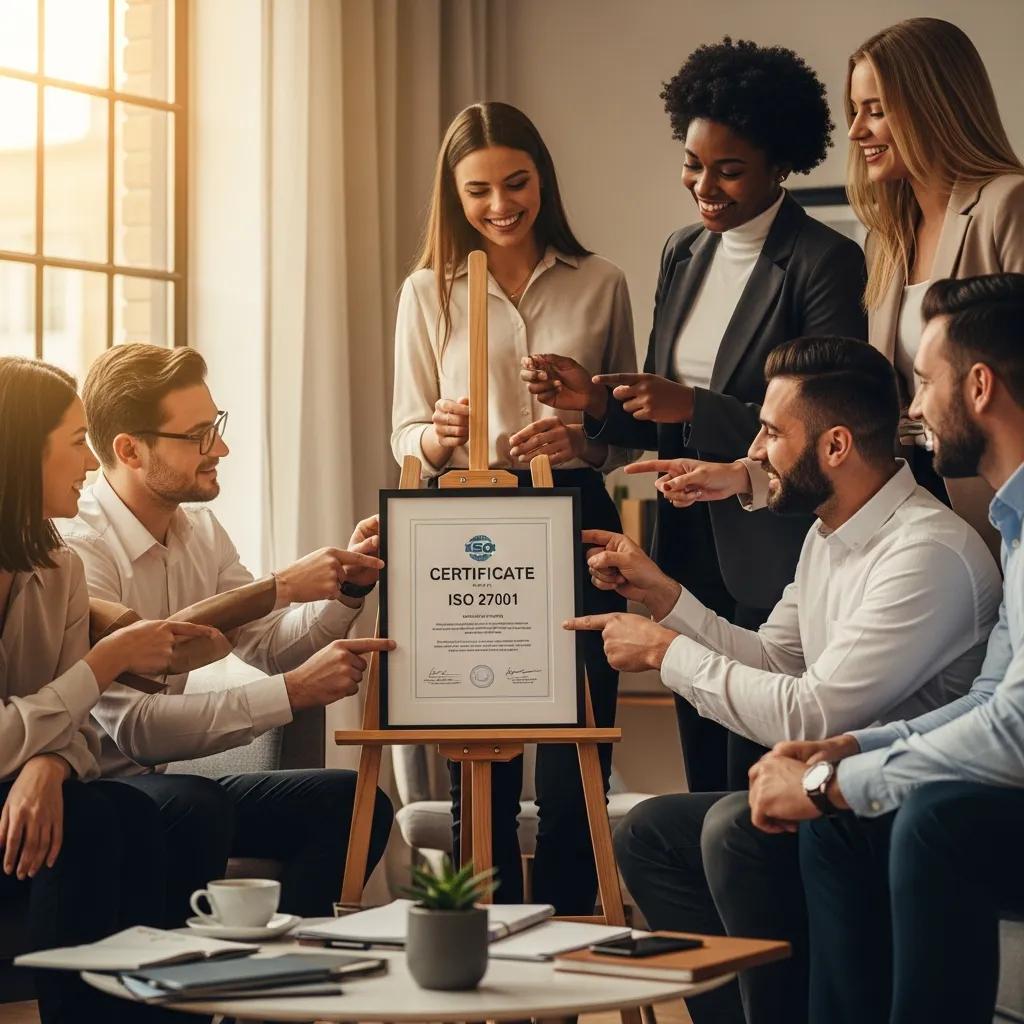 Financial team celebrating ISO certification with a certificate in an office