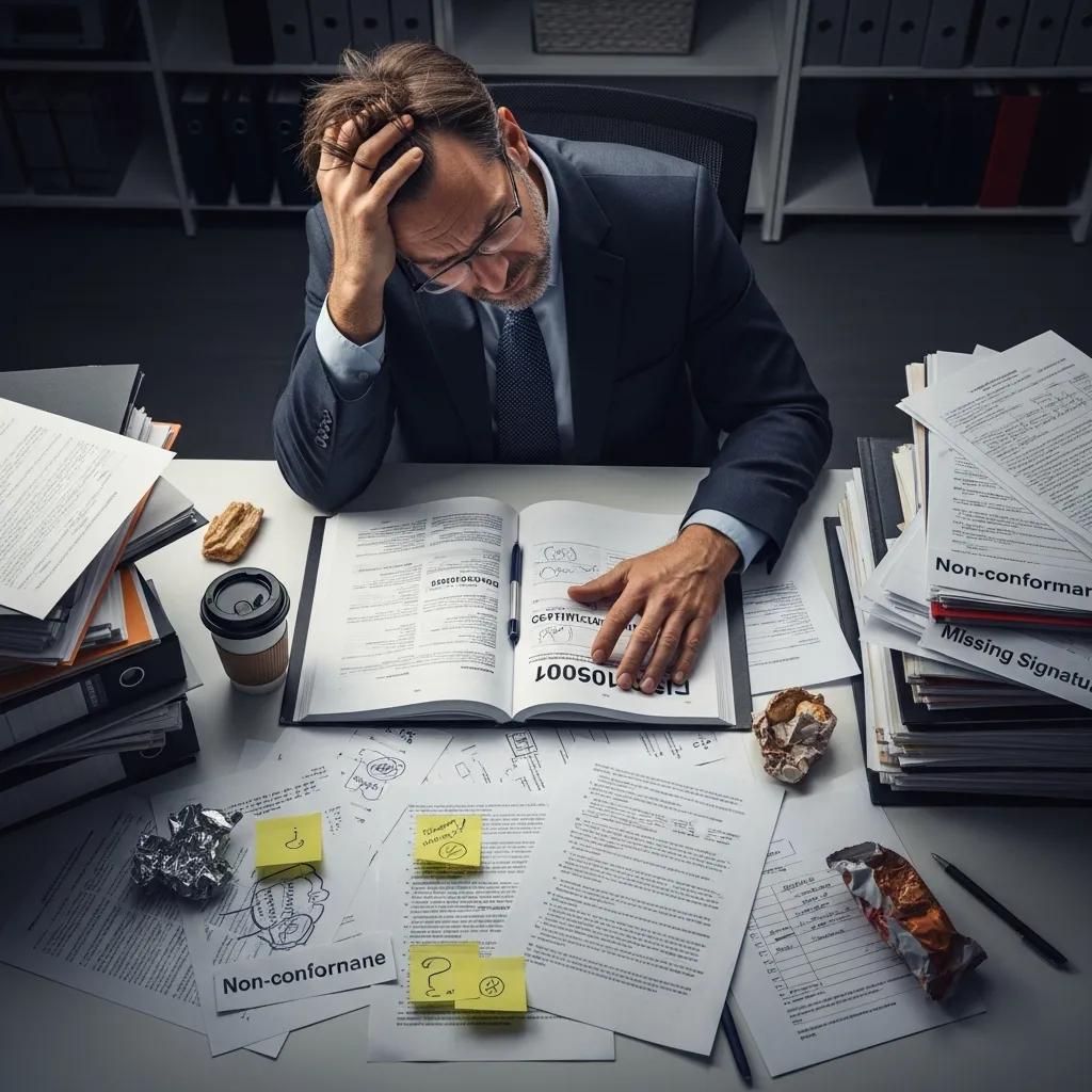 Auditor at a desk reviewing common ISO certification mistakes