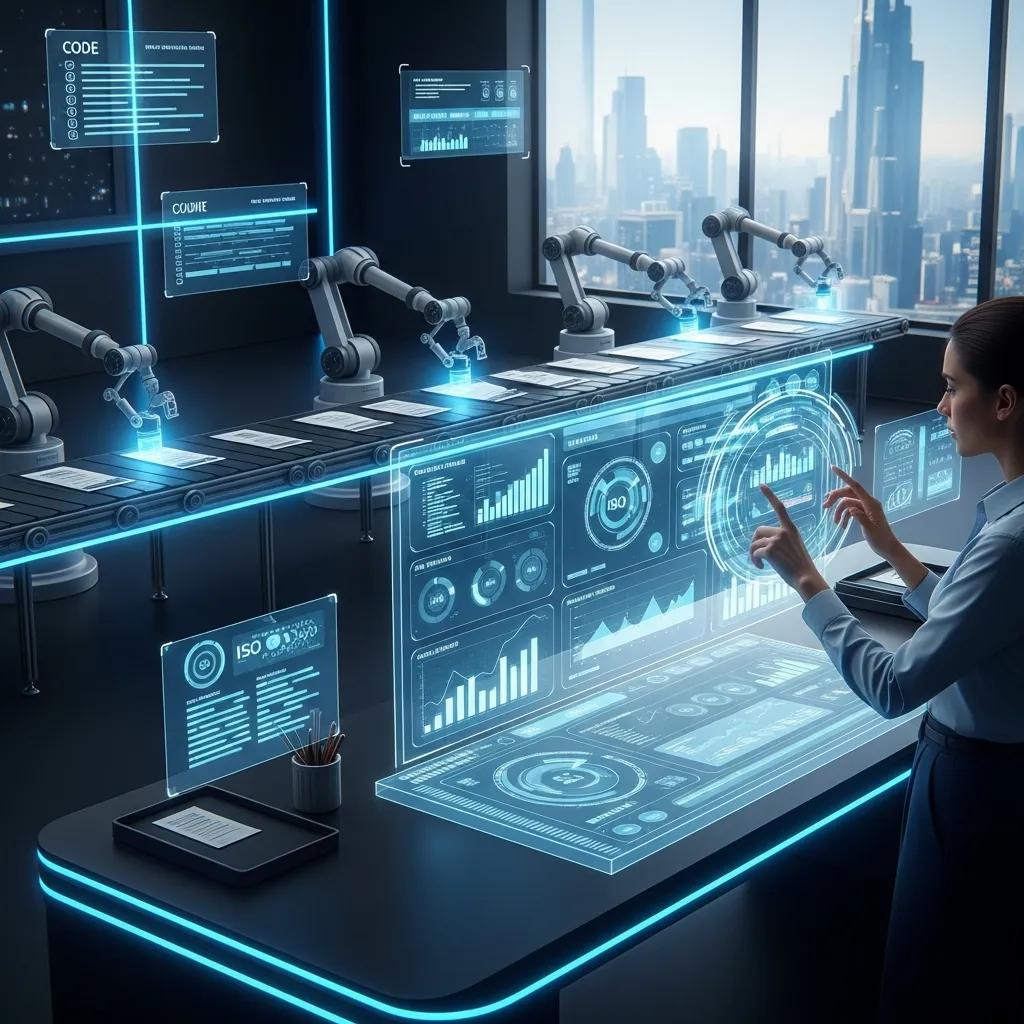 Modern workspace showing AI tools supporting ISO audit tasks