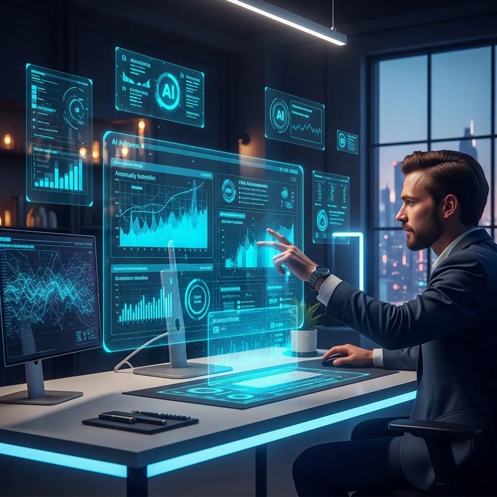 Futuristic workspace with AI technology for auditing processes