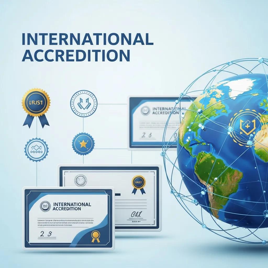 Global accreditation concept with interconnected lines and certification symbols
