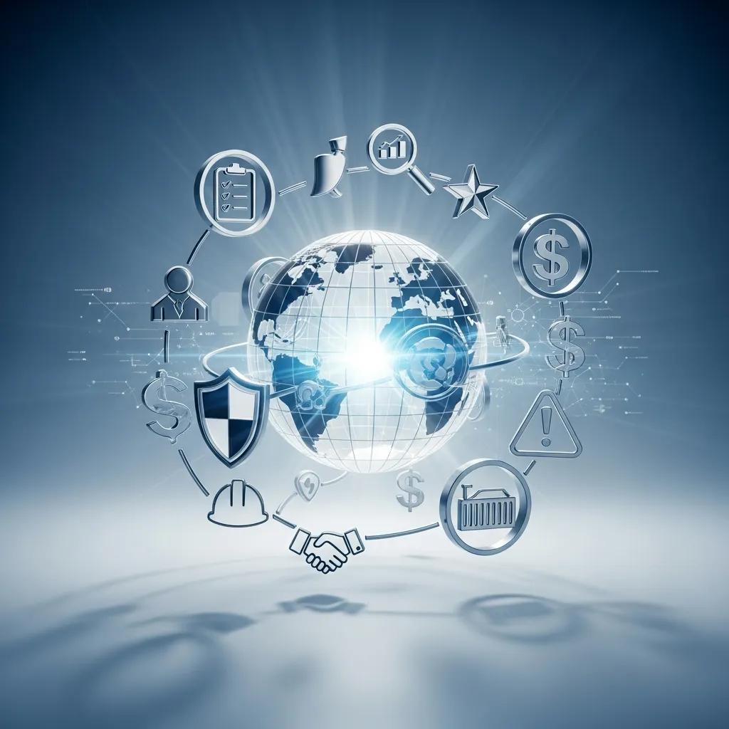 Global representation of ISO standards with industry symbols emphasizing quality and safety