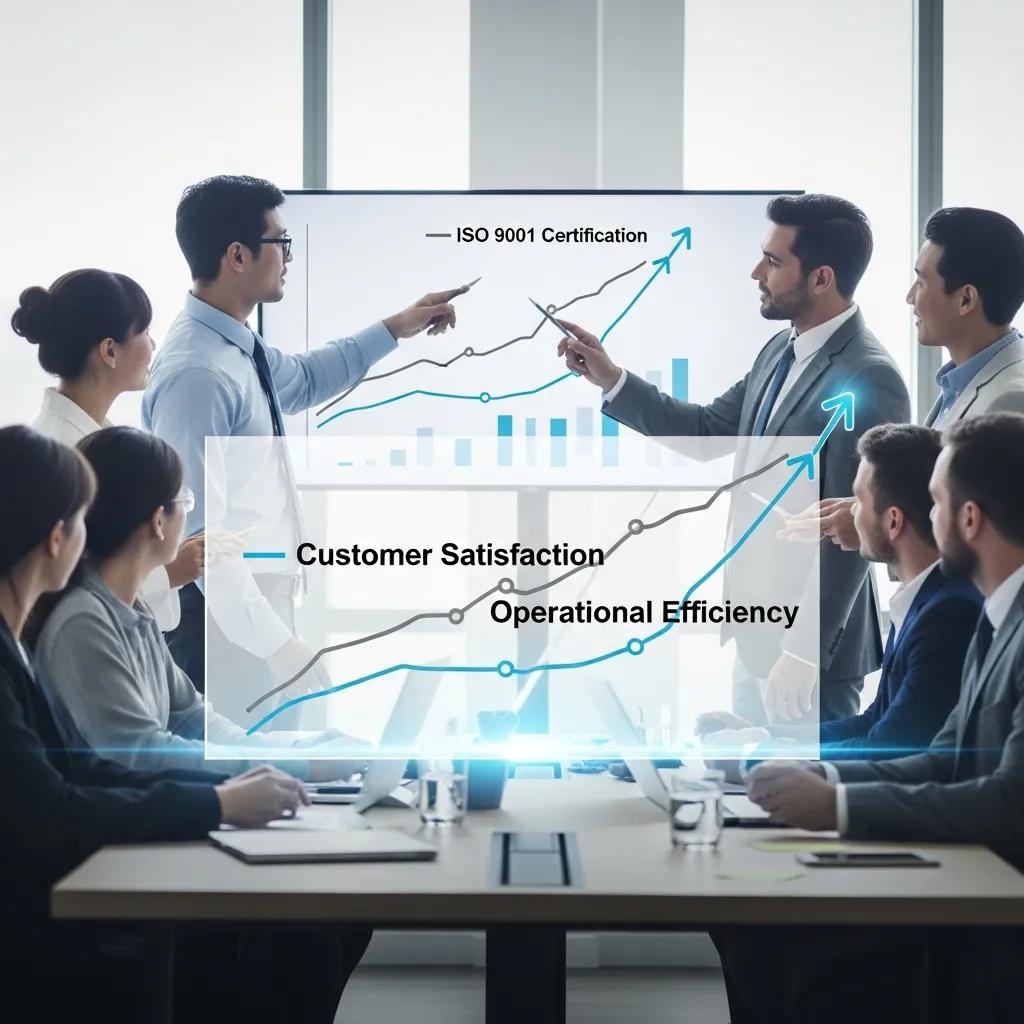 Team reviewing a chart that illustrates ISO 9001 benefits
