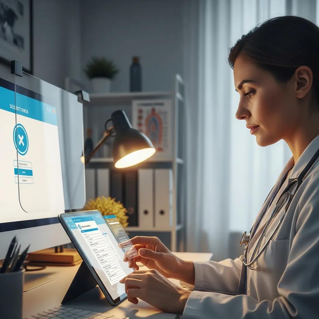 Healthcare professional reviewing patient data in a secure environment, emphasizing HIPAA compliance