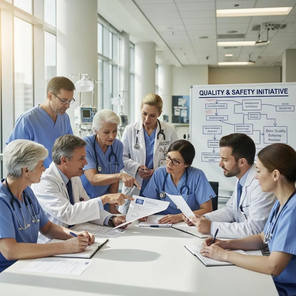 Healthcare professionals collaborating on ISO certification in a modern hospital setting
