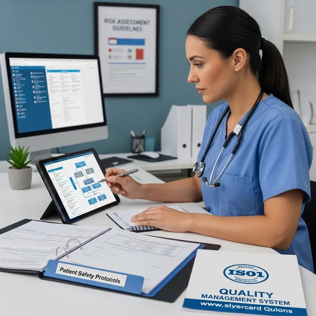 Healthcare professional conducting a risk assessment to improve patient safety and ISO compliance