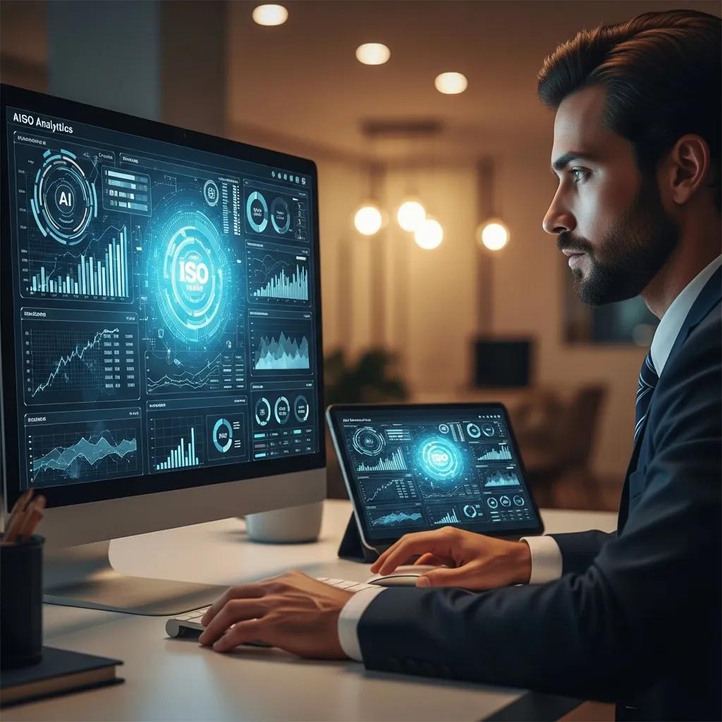 AI analytics dashboard supporting an ISO audit, shown on a laptop screen