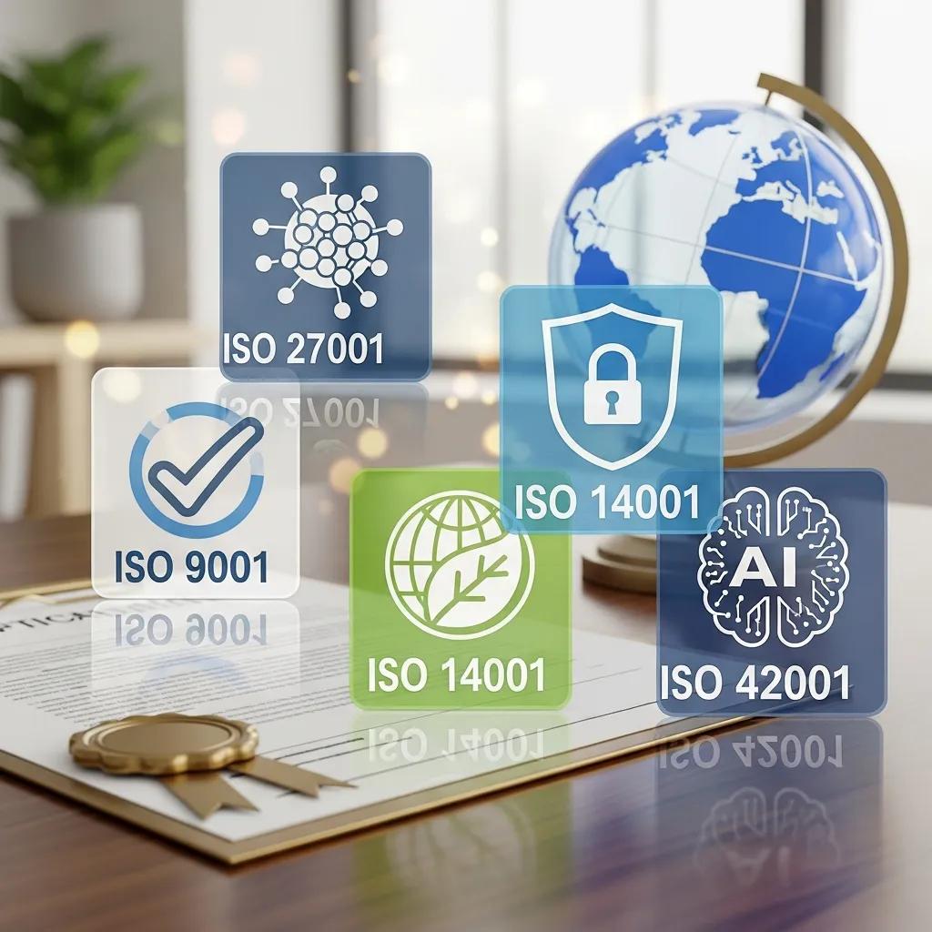 Icons for ISO 9001, 14001, 27001 and 42001 shown in a professional setting