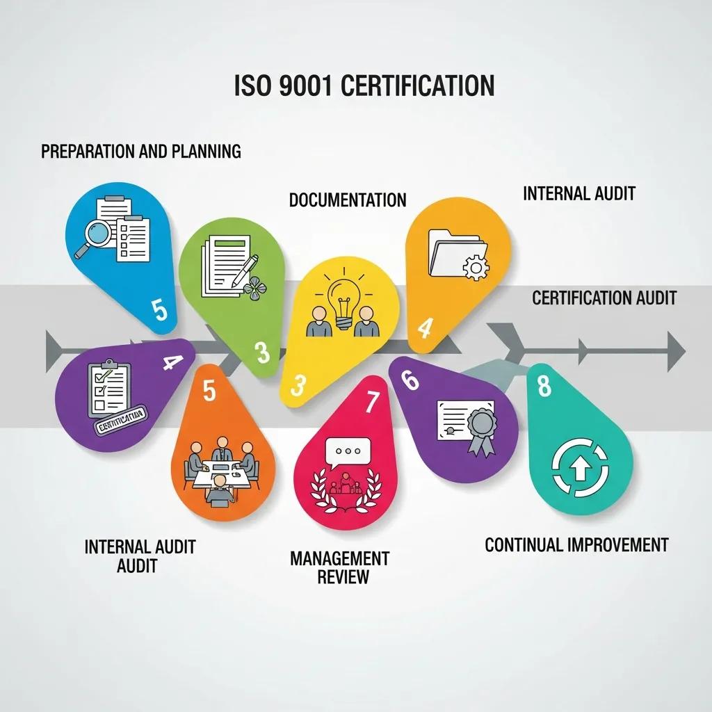Step-by-step illustration of the ISO 9001 certification path with checkpoints and outcomes