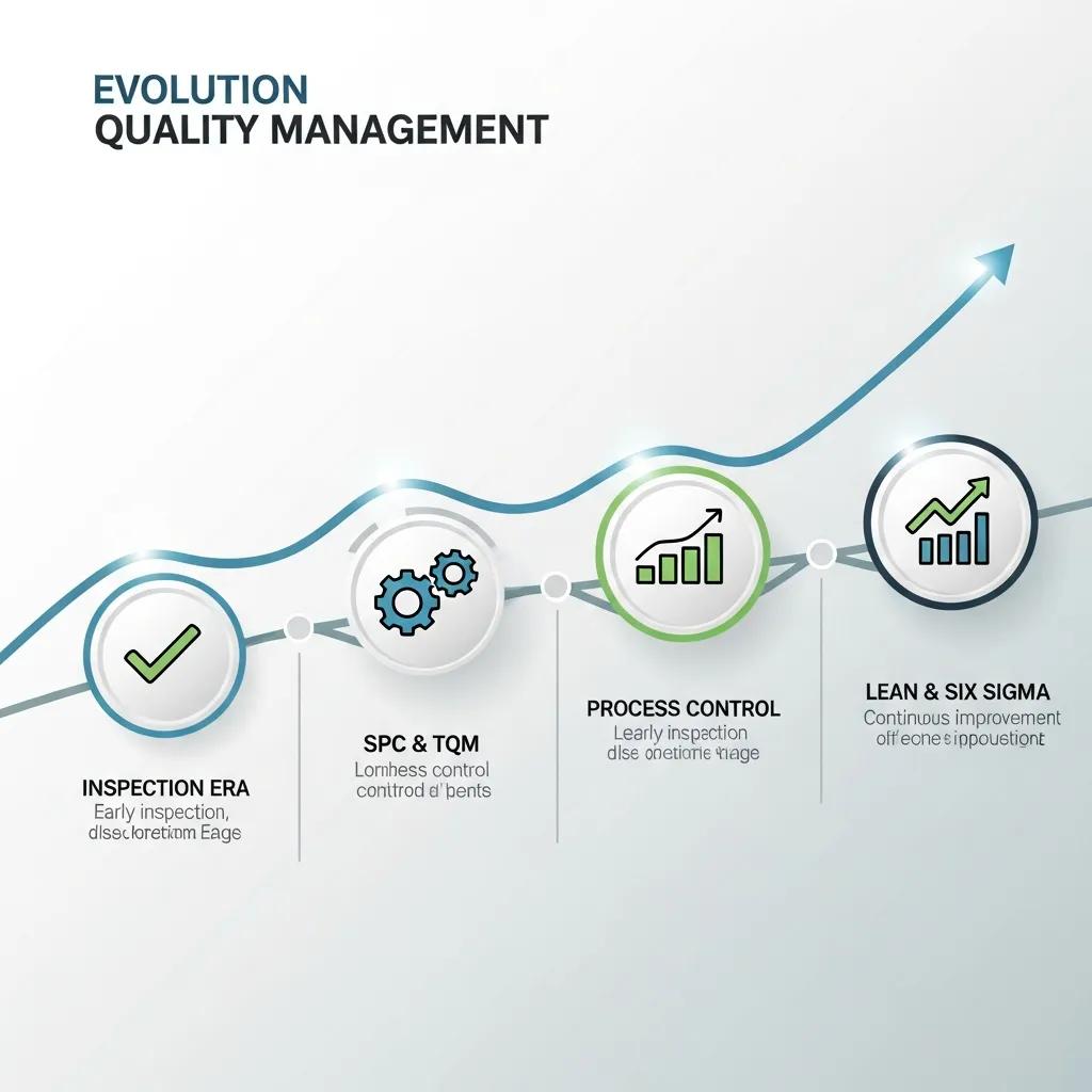 Graphic showing ISO 9001’s progression with icons for quality management milestones