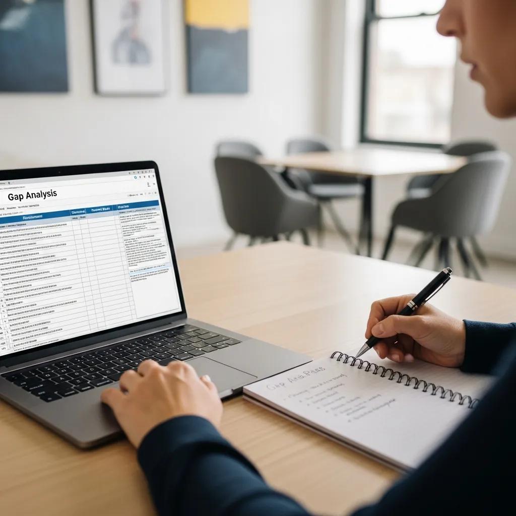 Person reviewing a gap analysis template for ISO readiness assessment