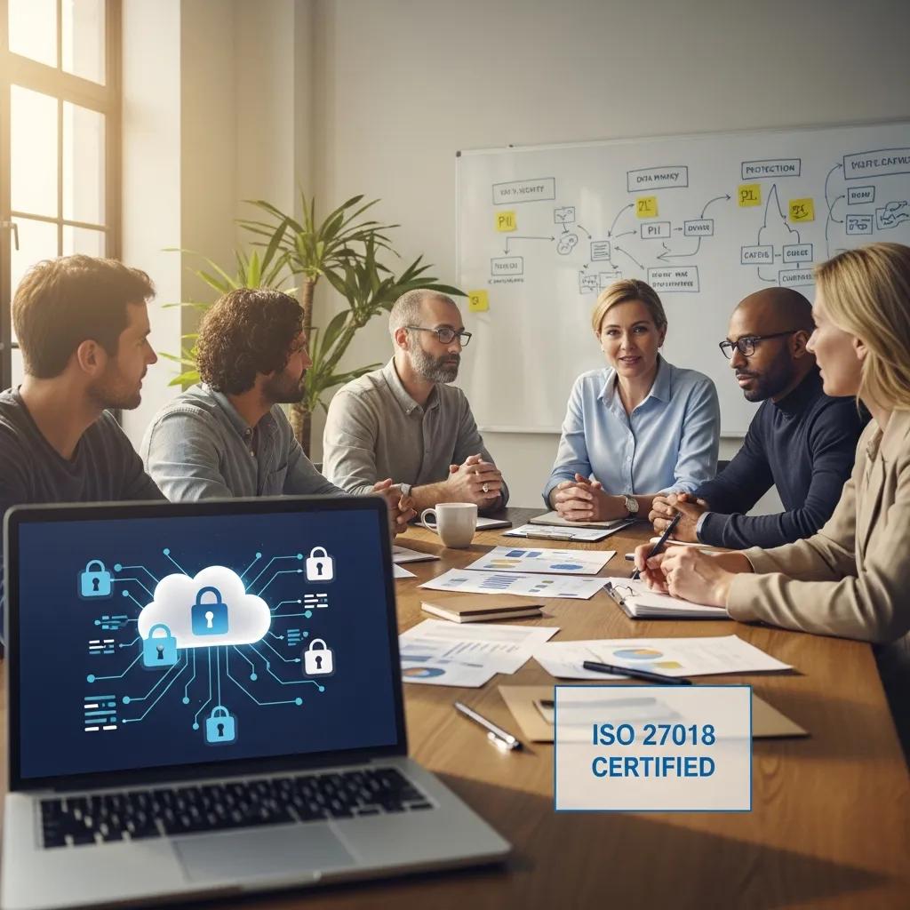 ISO 27018 certification discussion in a modern office setting with professionals focusing on data privacy
