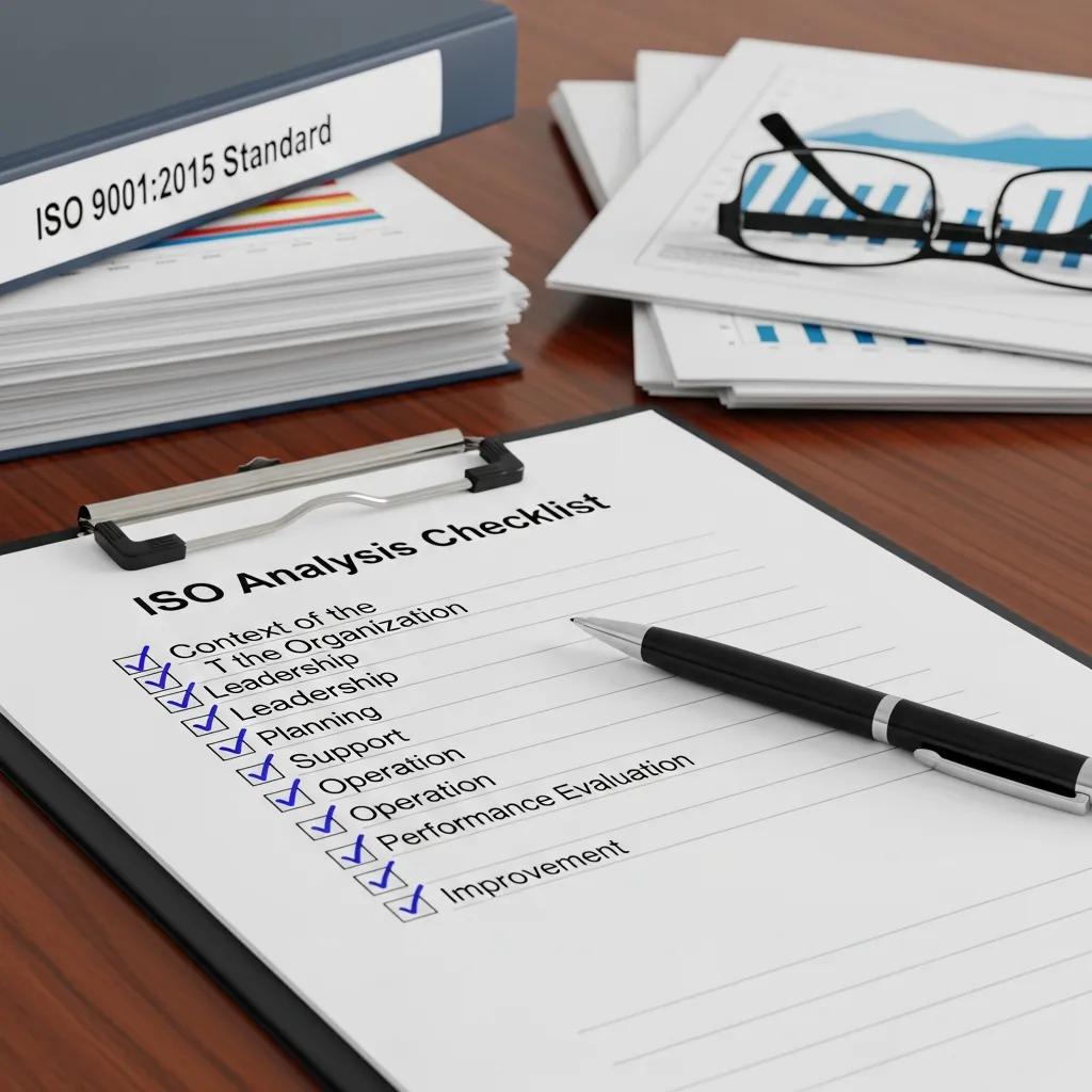 Checklist for ISO 9001 gap analysis on a desk with a pen and notes