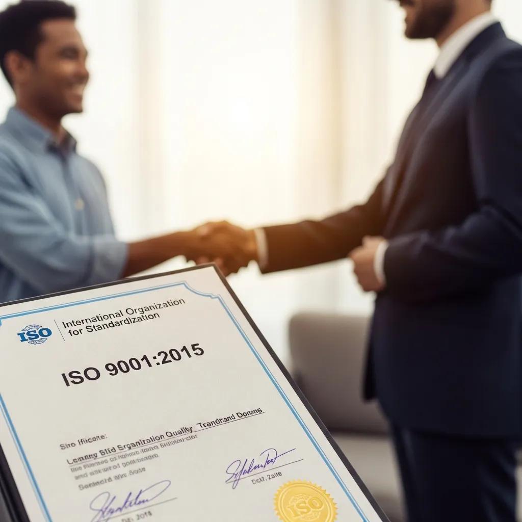 Illustration of an ISO certificate and a professional handshake representing certification benefits