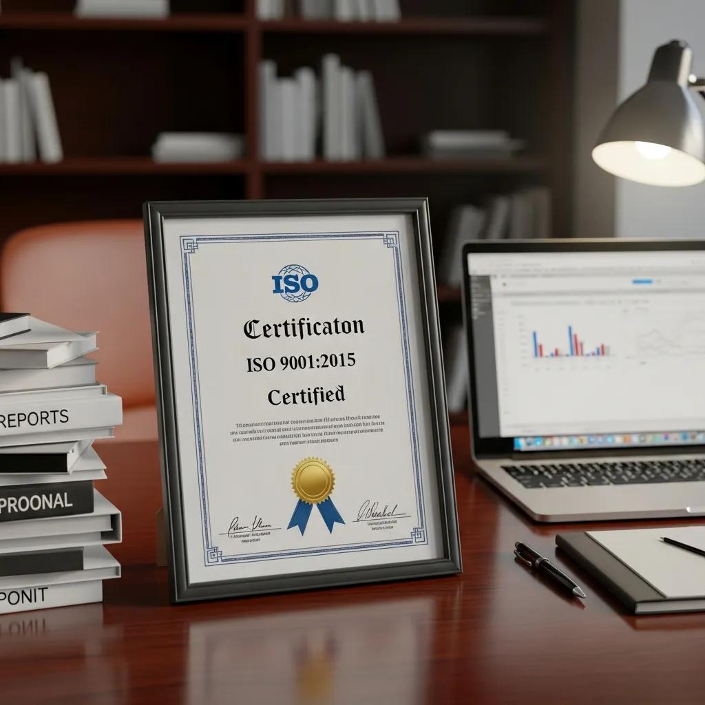 Framed ISO certificate displayed in an office