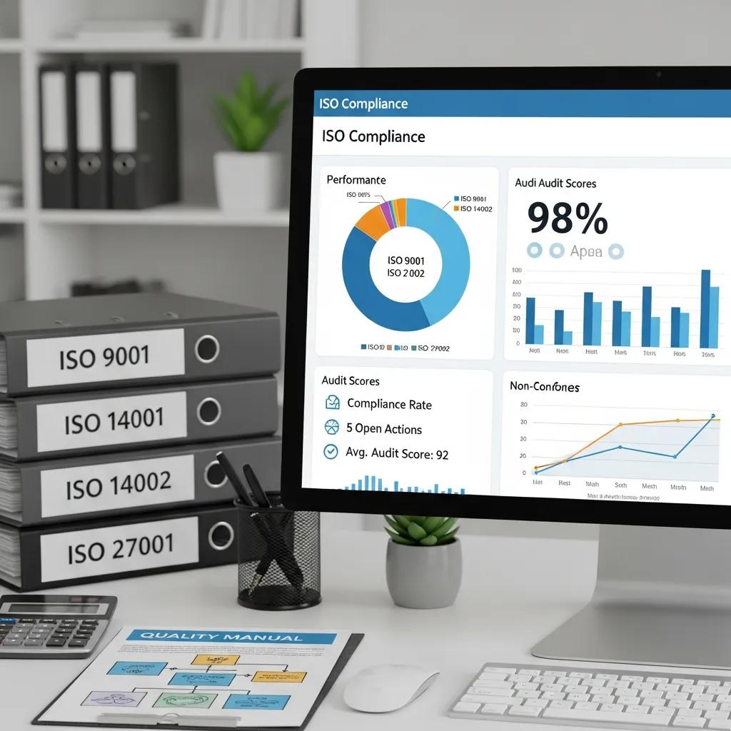 ISO compliance dashboard showing key metrics and benefits