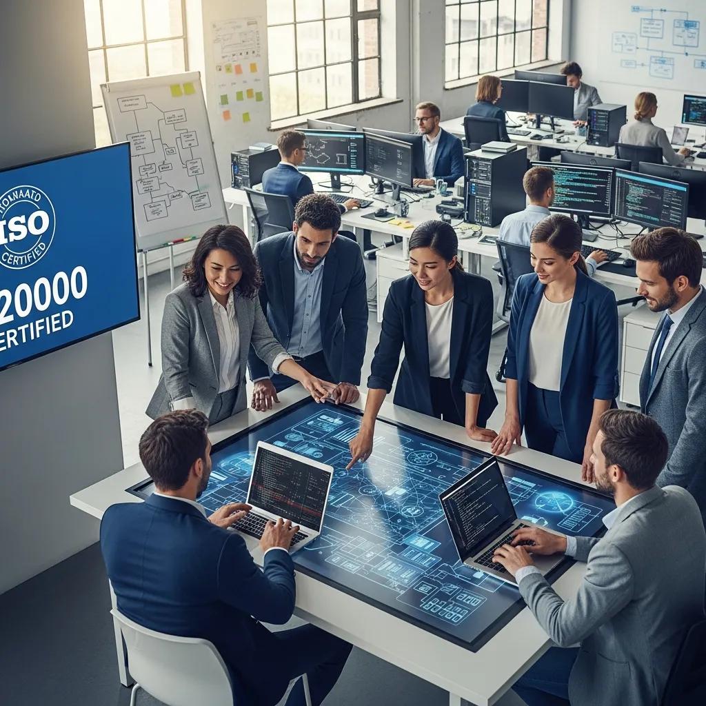 IT professionals collaborating on ISO 20000 certification in a modern office