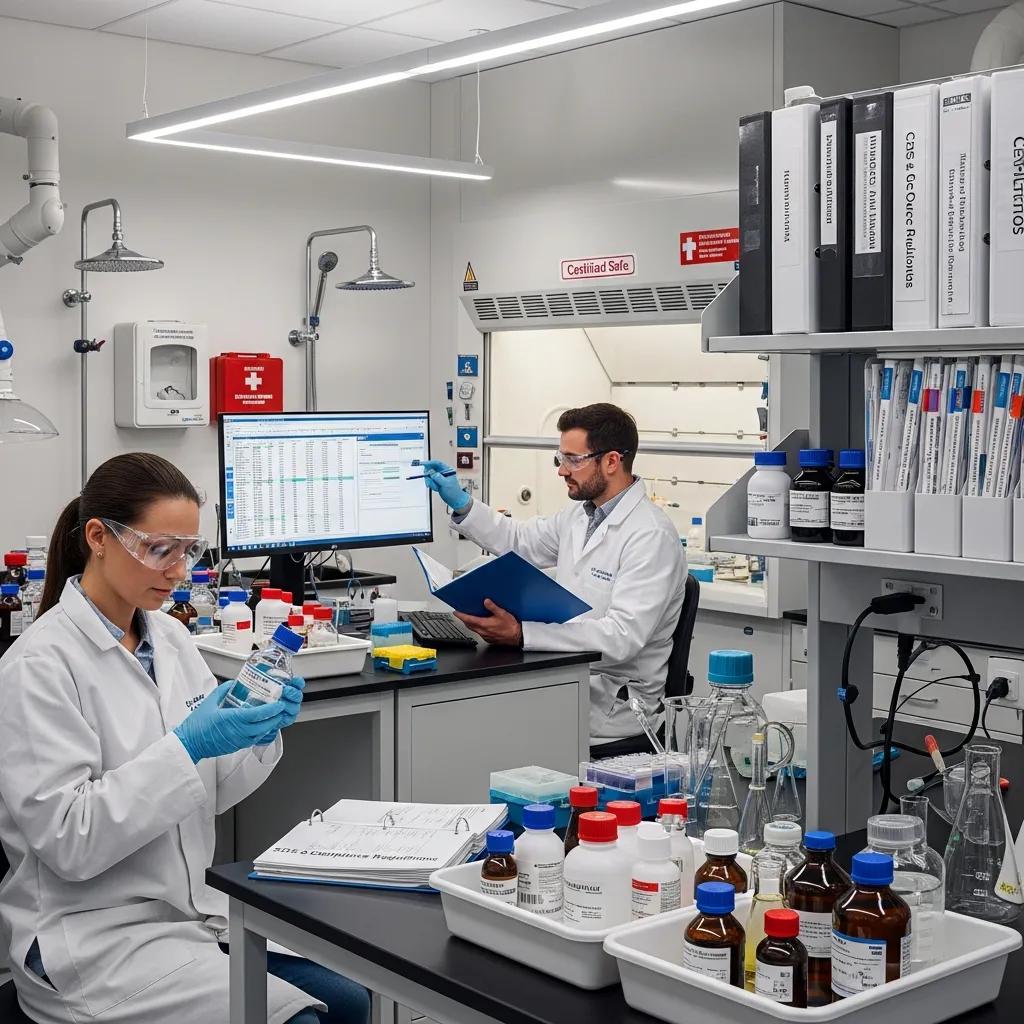 Laboratory scene showcasing scientists engaged in chemical management and compliance activities