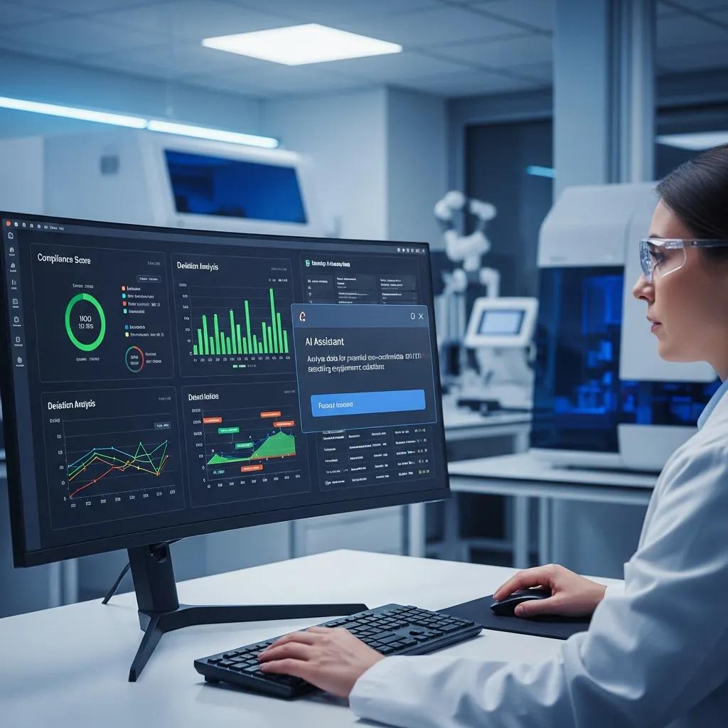 Laboratory technician using AI tools to analyze compliance data for ISO 17025