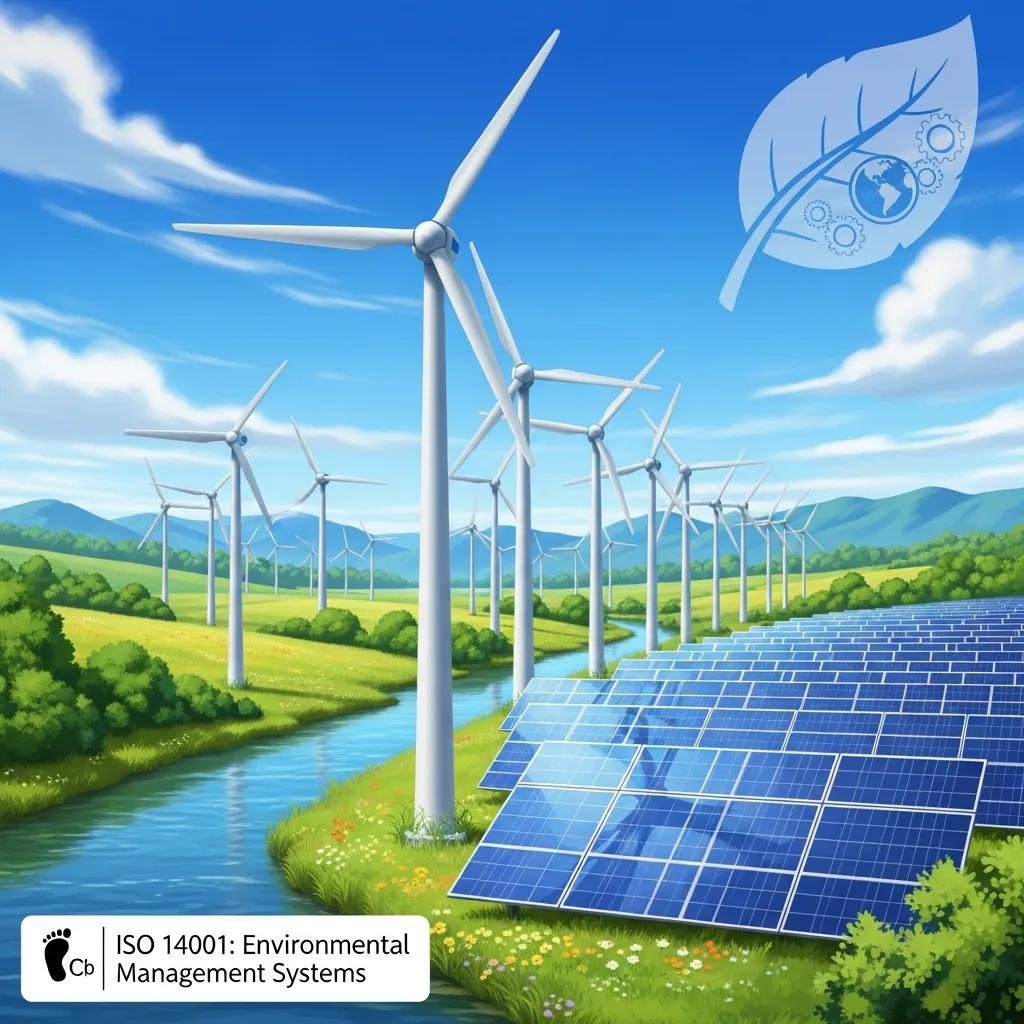 Wind turbines and solar panels illustrating ISO 14001's environmental focus