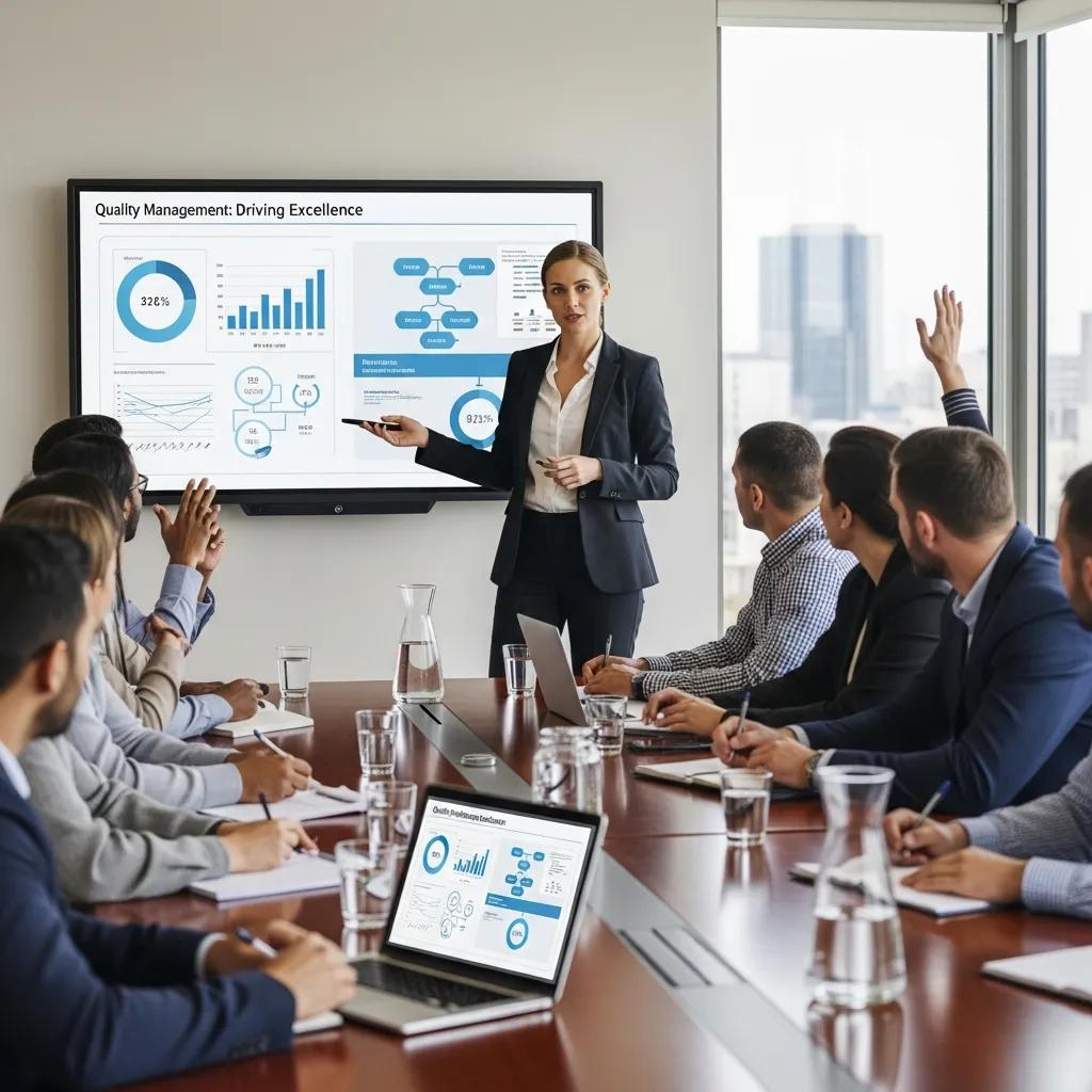 Senior leaders presenting quality strategy to a team in a conference room