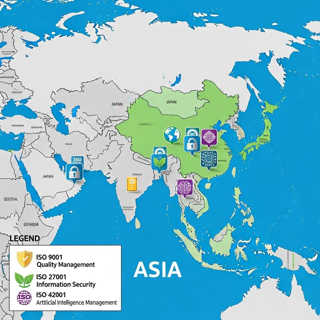 Map of Asia highlighting countries leading in ISO certification adoption