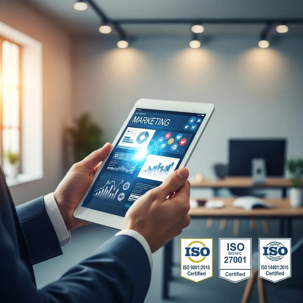 Marketer presenting campaign that highlights ISO certification and trust signals