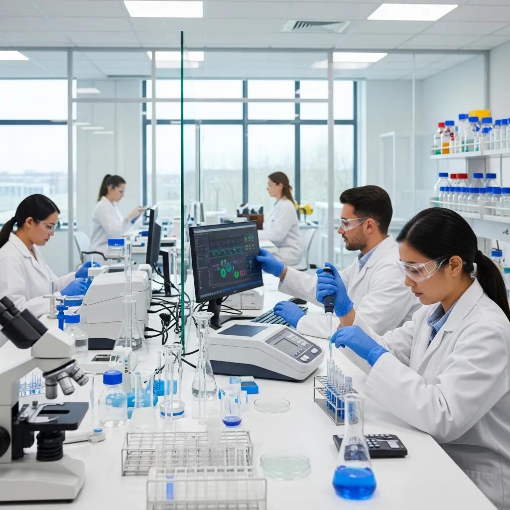 Modern laboratory with scientists performing testing and calibration under ISO 17025 standards