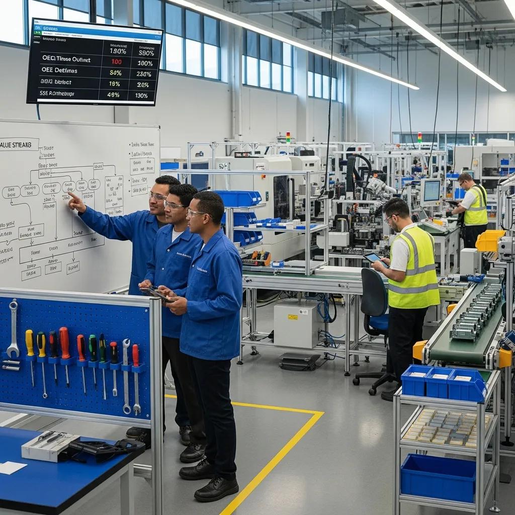 Modern manufacturing facility showcasing Lean principles in action with organized workspaces and engaged employees