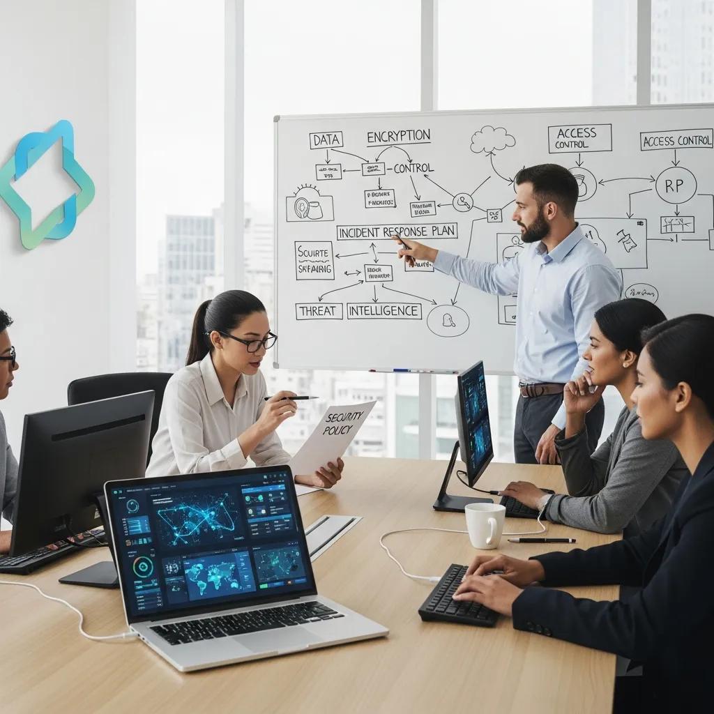 Modern office environment showcasing information security management with a laptop and team collaboration