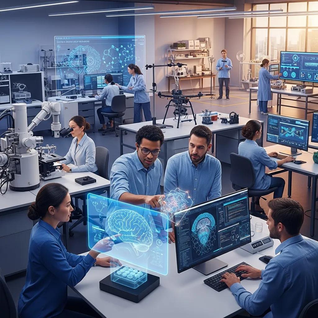 Modern research laboratory showcasing collaboration and innovation in R&D with AI tools