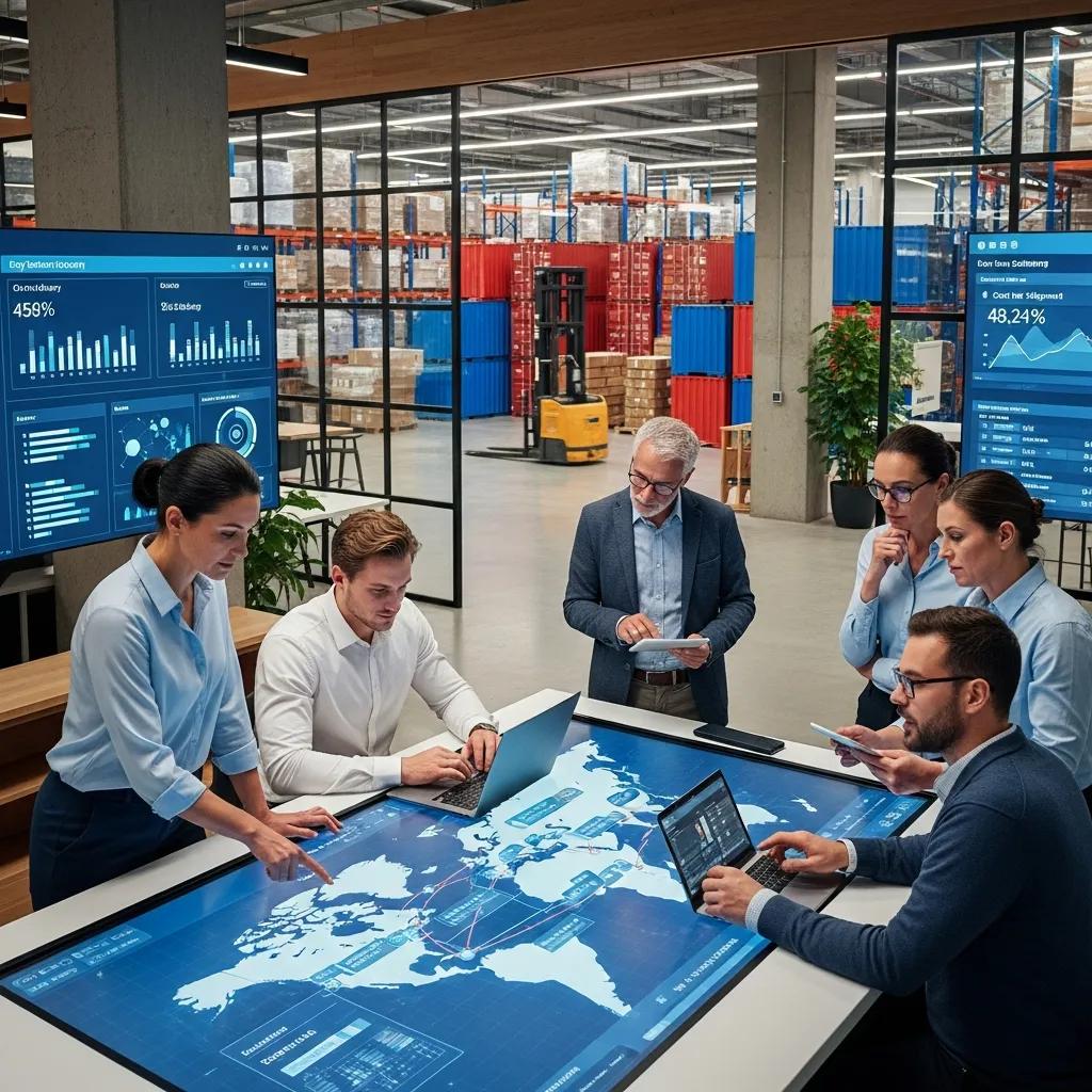 Modern supply chain management professionals collaborating with digital tools in a logistics environment